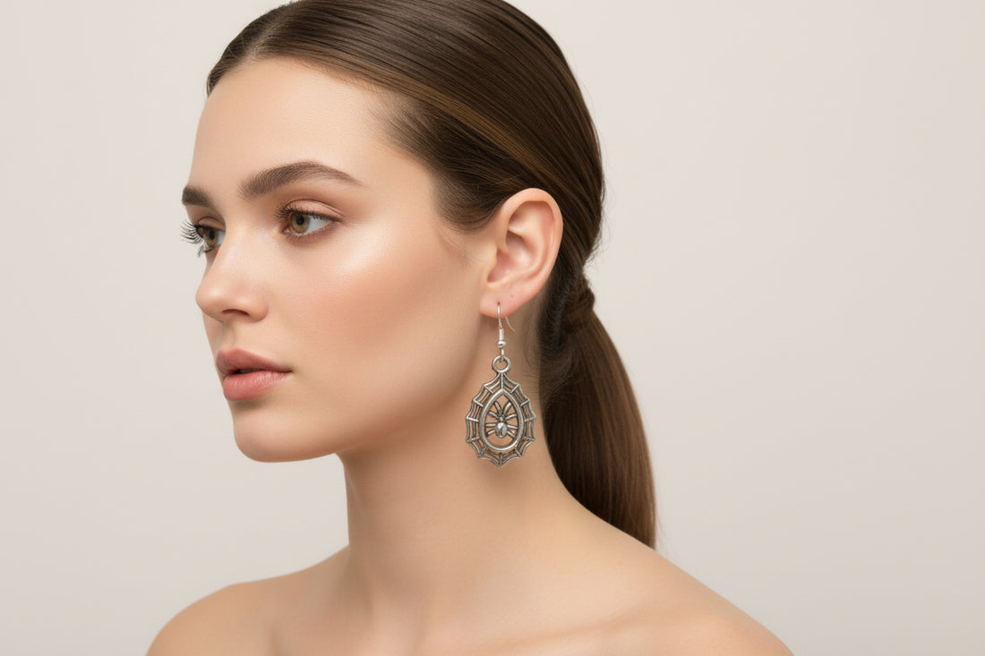 Silver Spider and Web Dangle Earrings