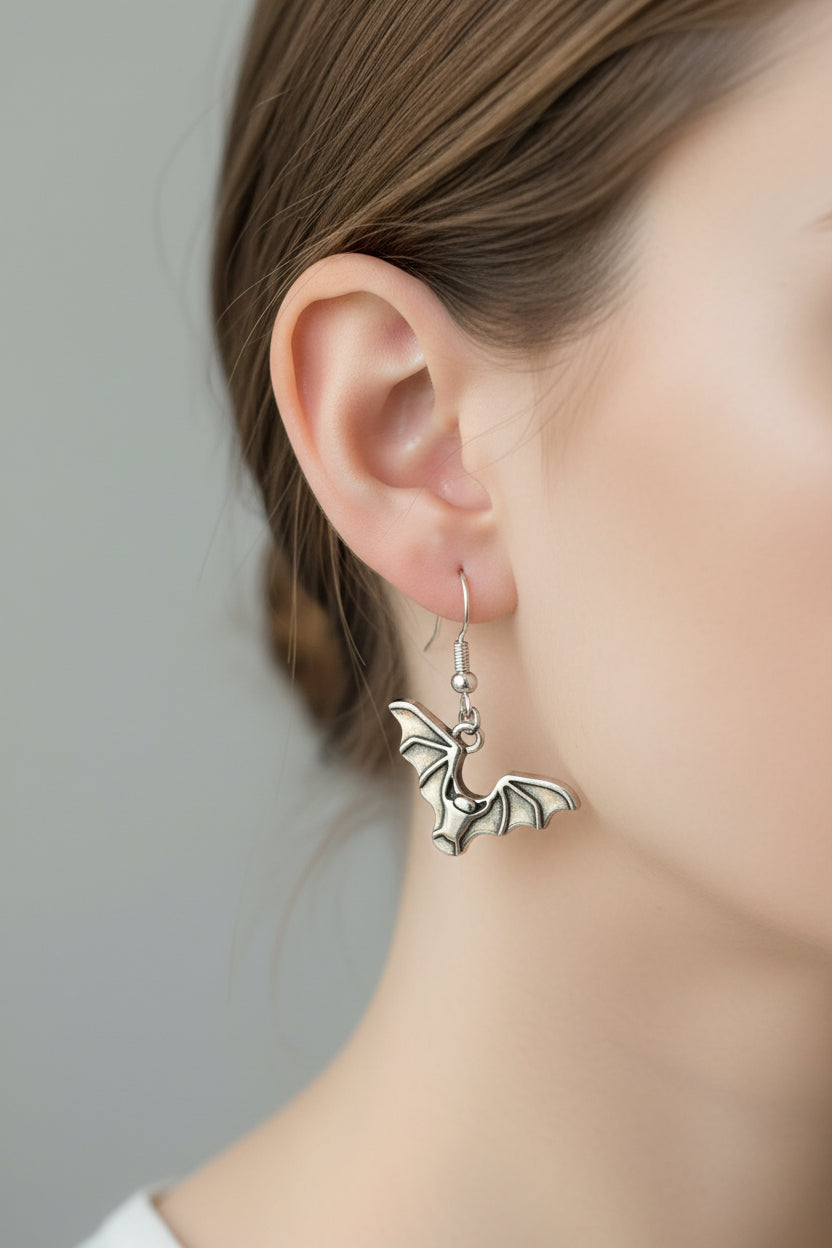 silver plated handmade bat Halloween drop dangle earrings