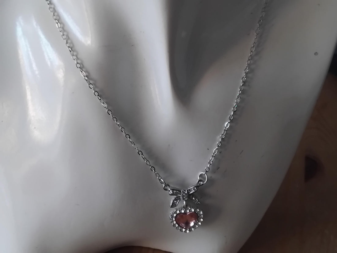 Pink Crystal Heart Necklace, Bow Tie Pendant - Korean Fashion Jewelry