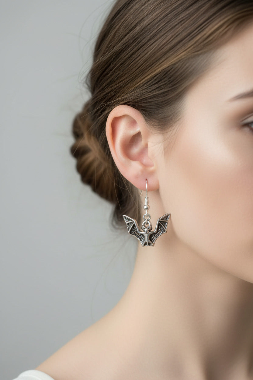 silver plated handmade bat Halloween drop dangle earrings
