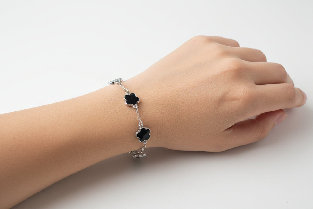 Black Flower Charm Bracelet, Delicate Five-Leaf Design