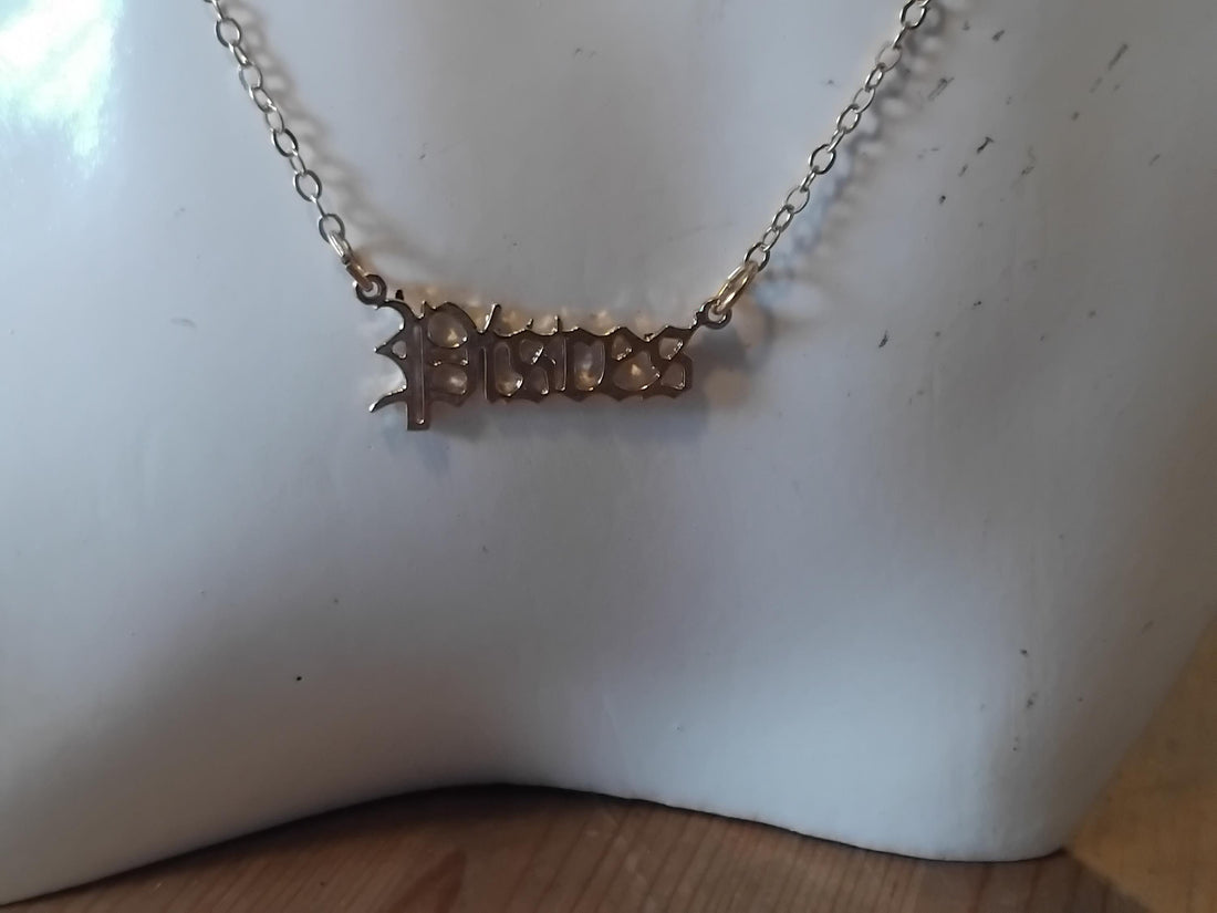 Gold Pisces Zodiac Necklace • Old English Script Nameplate