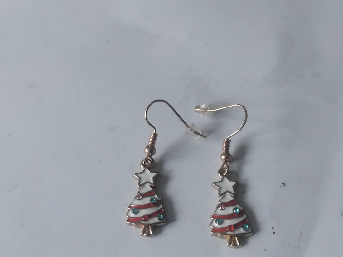 Enamel Christmas Tree Earrings, Shiny Brass Dangles