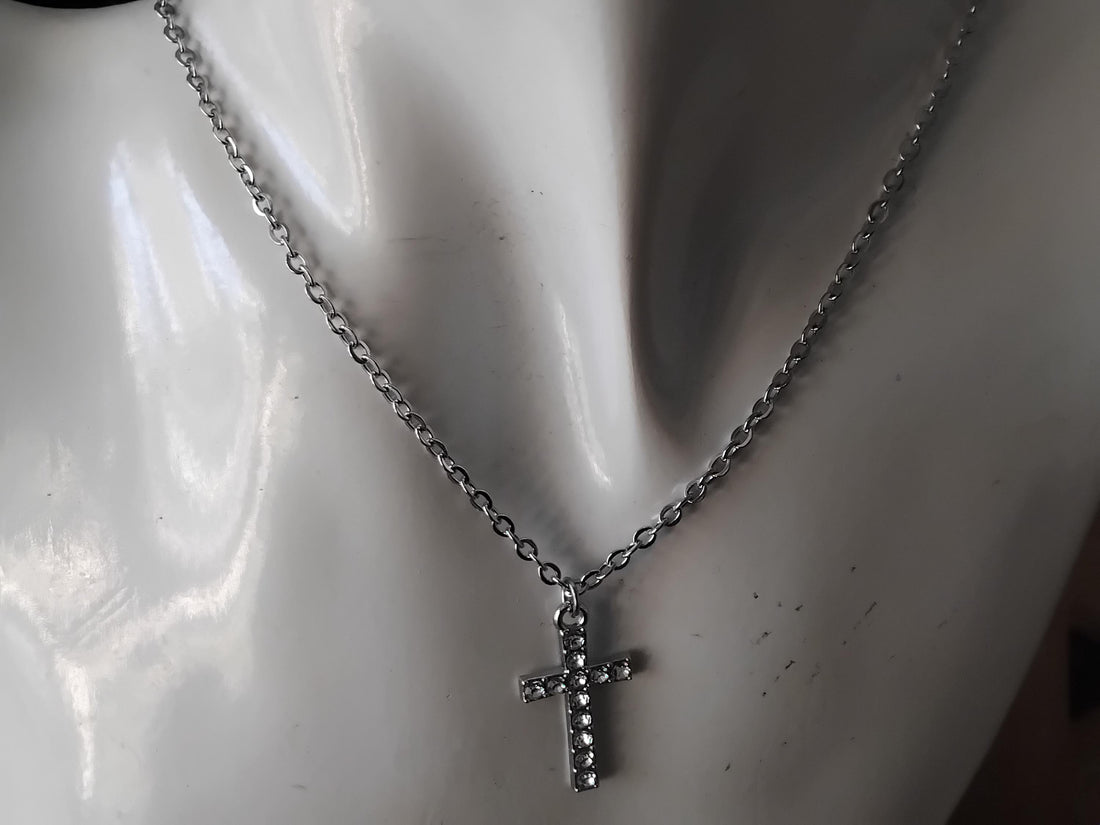 Silver-Toned Cross Pendant Necklace, Stainless Steel Chain, Christian Jewelry