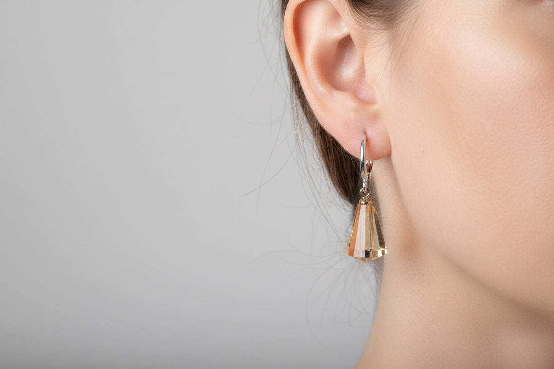 Crystal Dangle Earrings, Champagne Peach, Yellow Gold, Faceted Lever Back