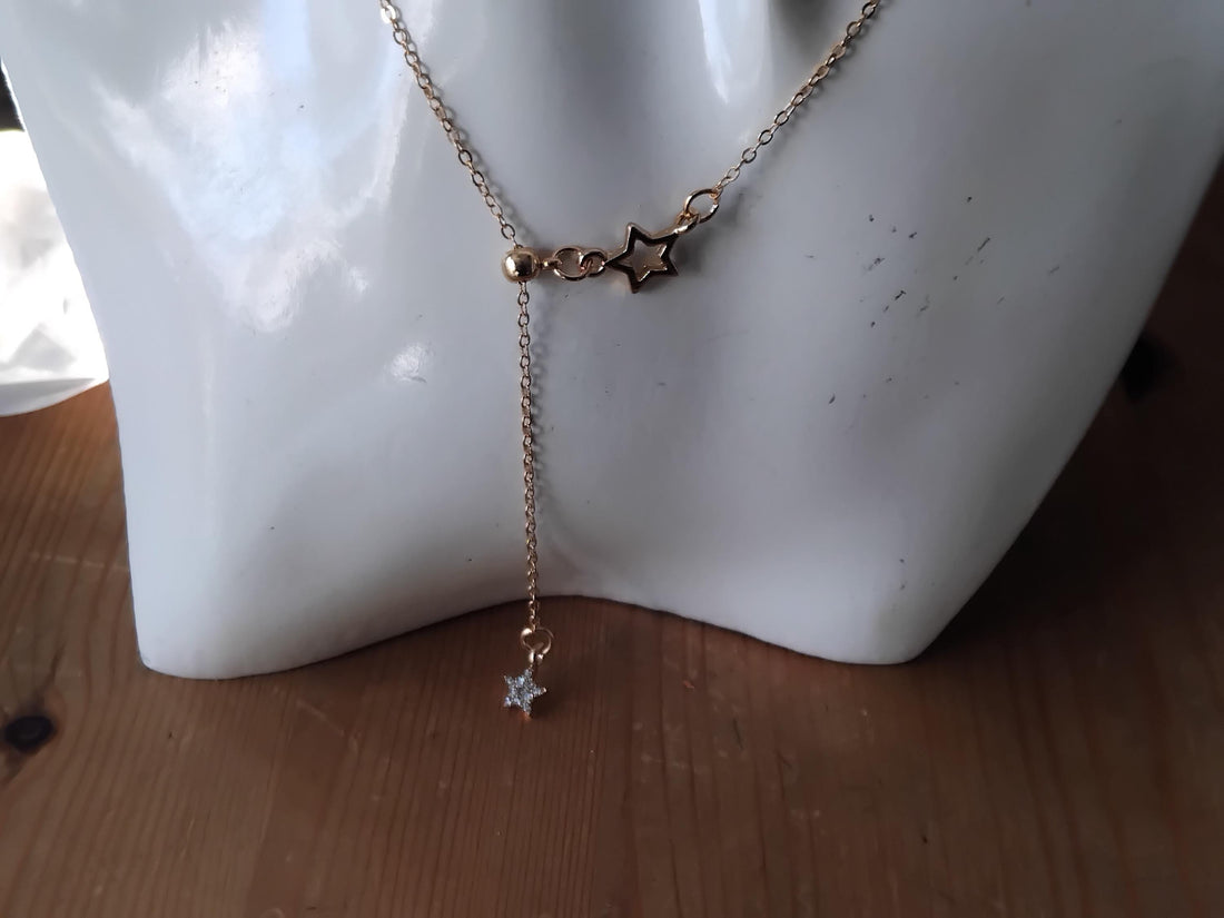 Boho Gold Star Lariat Necklace, Rhinestone Crystal Y Pendant