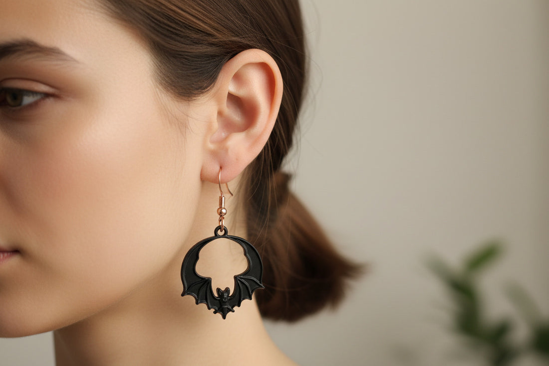 Flying Bat Earrings, Black Gold Ear Wires, Halloween Vampire Design