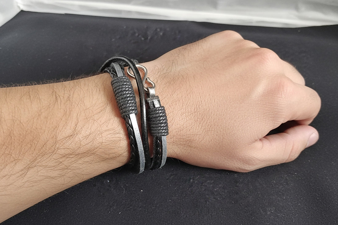 Black Leather Multi-Strand Bracelet: Woven Design