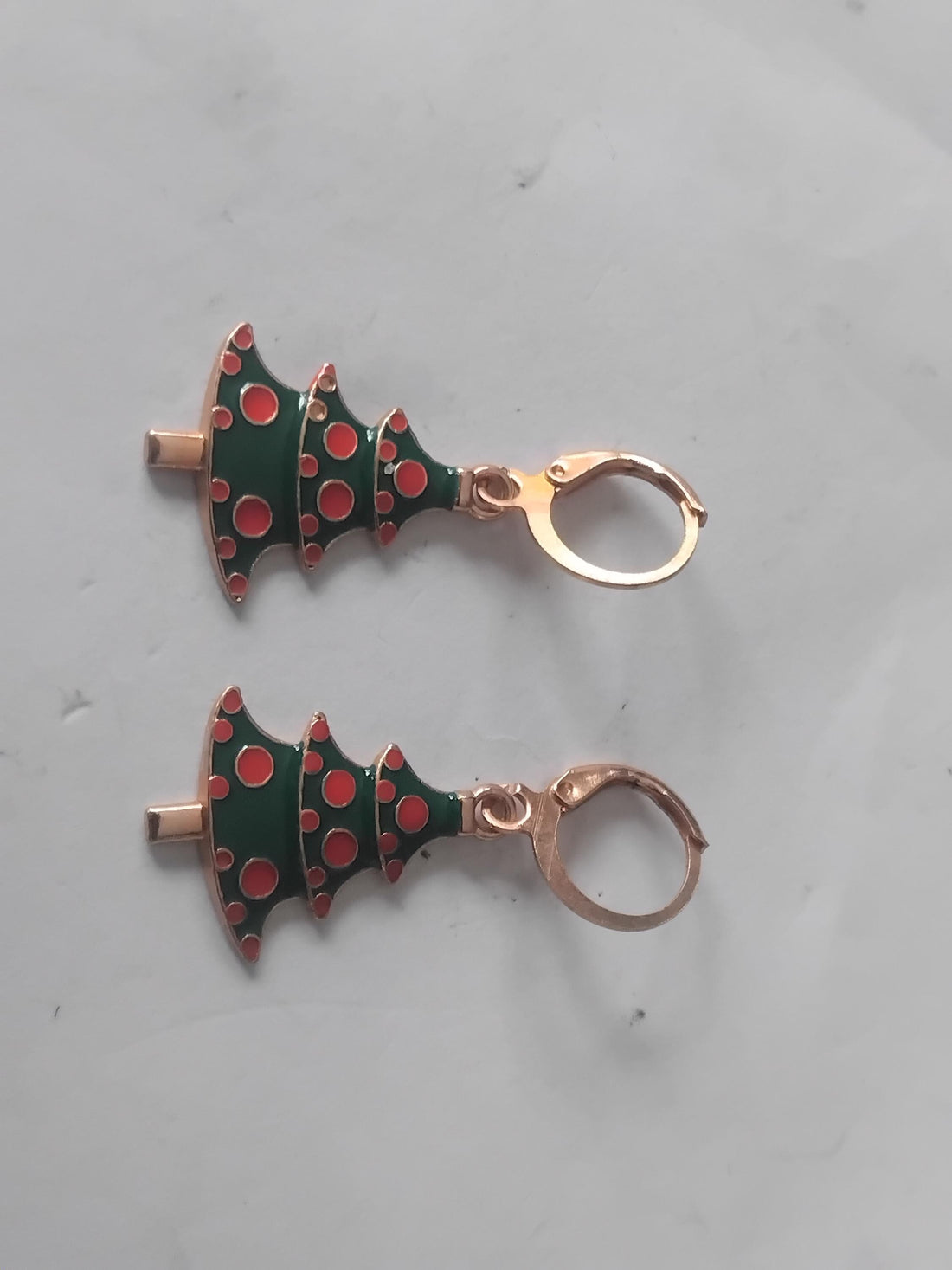 Enamel Christmas Tree Earrings, Shiny Brass Holiday Dangles