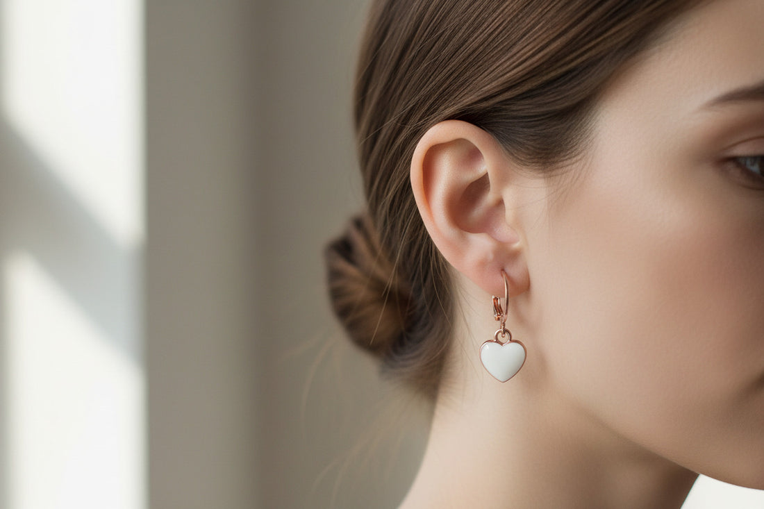 White Enamel Heart Dangle Gold Huggie Earrings