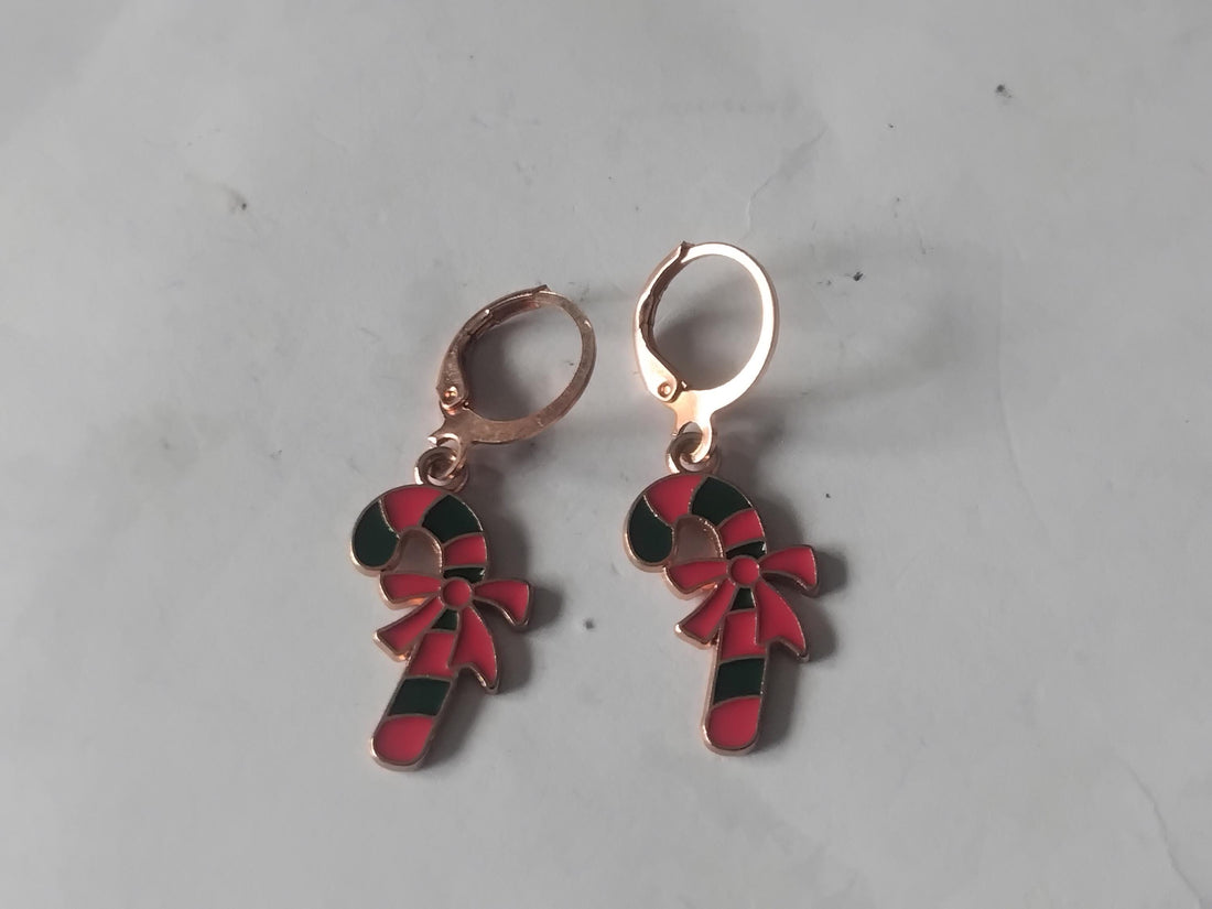 Candy Cane Dangle Earrings, Gold Tone, Christmas Jewelry