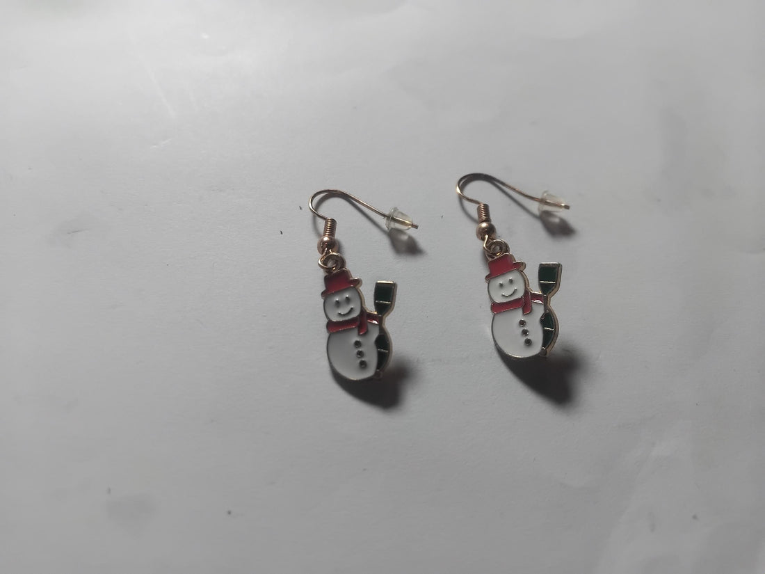 Vintage Gold Tone & Enameled Snowman Dangle Earrings - 2"