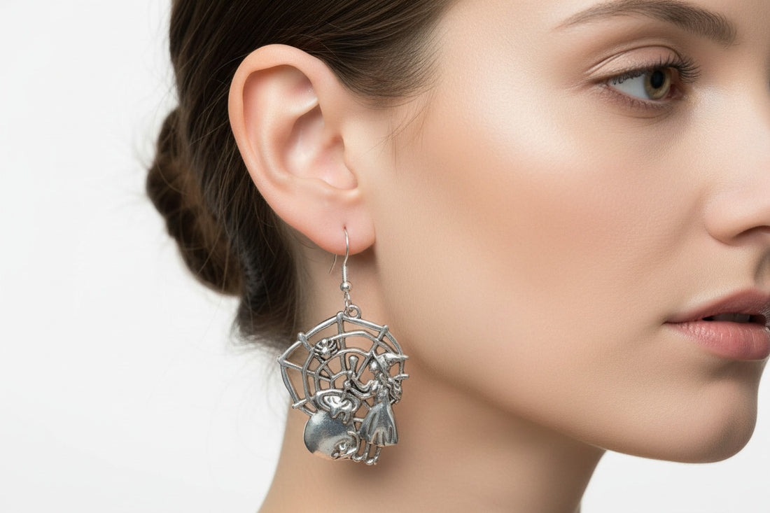 Vintage Witch Spiderweb Earrings, Halloween Jewelry Set