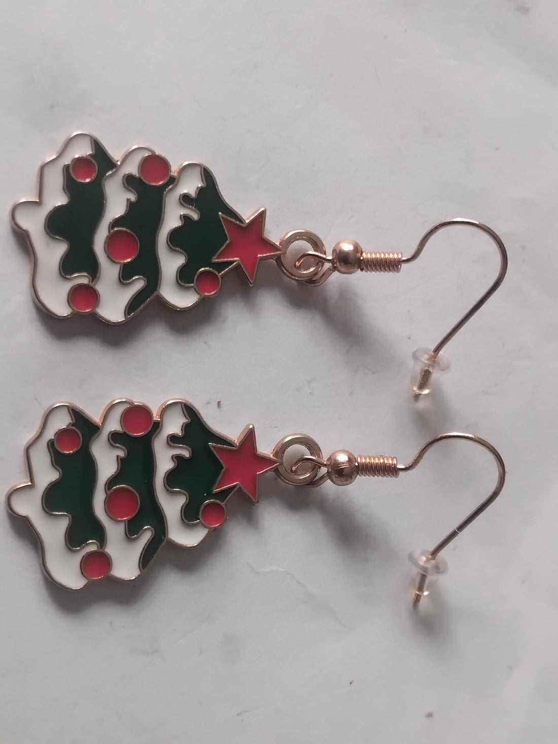 Enamel Christmas Tree Earrings, Shiny Brass Holiday Dangles