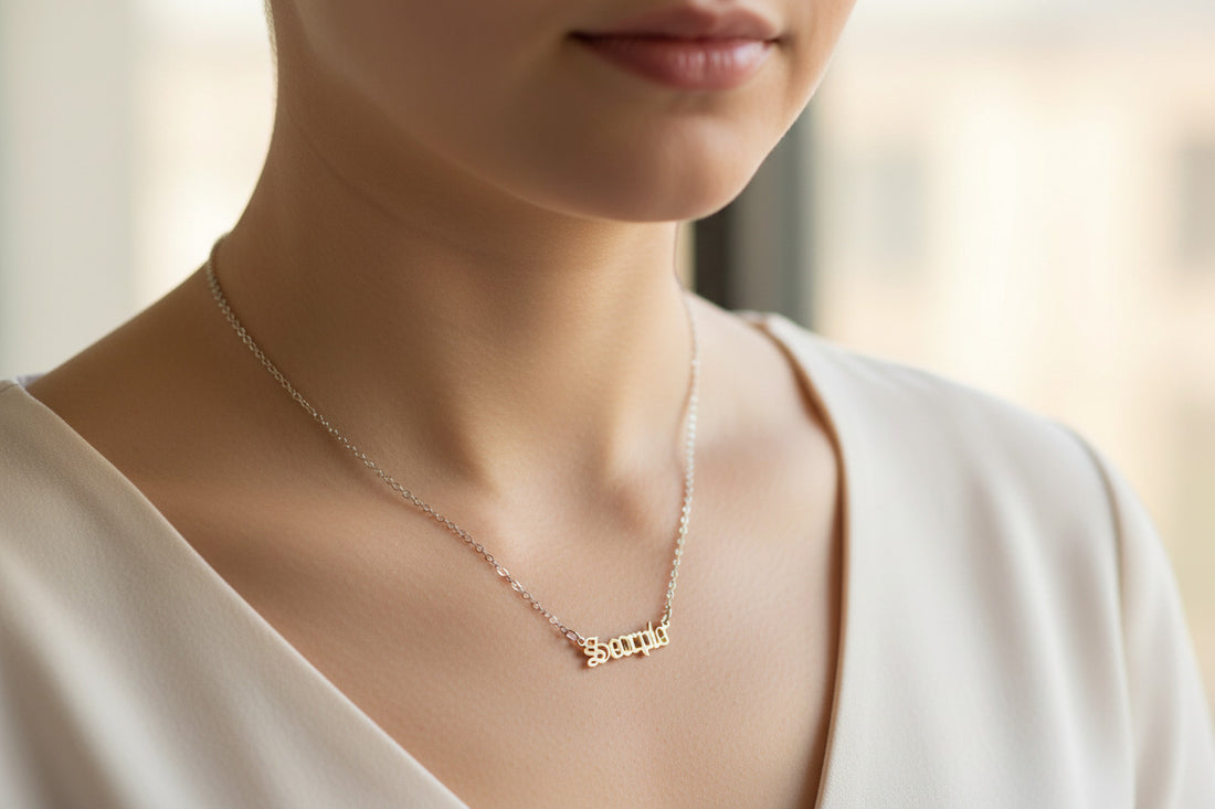 Scorpio Name Necklace, Old English Zodiac Nameplate