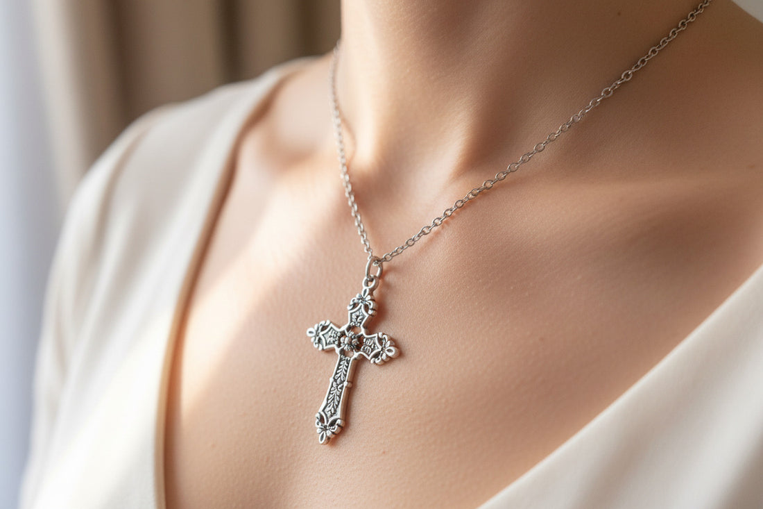 Large Silver-Toned Cross Pendant, Stainless Steel Chain, Christian Jewelry