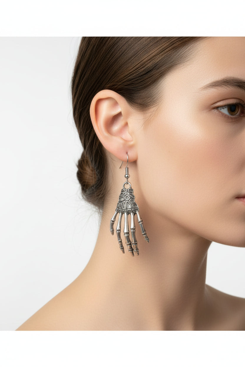 skull bone skeleton hand silver plated drop dangle handmade Halloween earrings