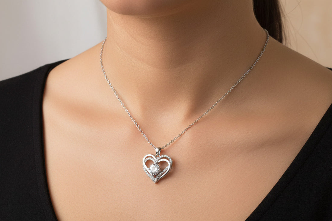 Cubic Zirconia Heart Pendant Necklace, Silver Plated Crystal