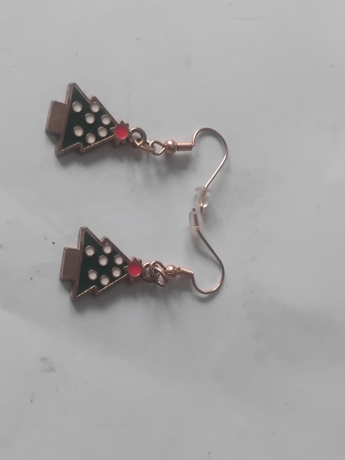 Enamel Christmas Tree Earrings, Shiny Brass Dangles, Stocking Stuffers