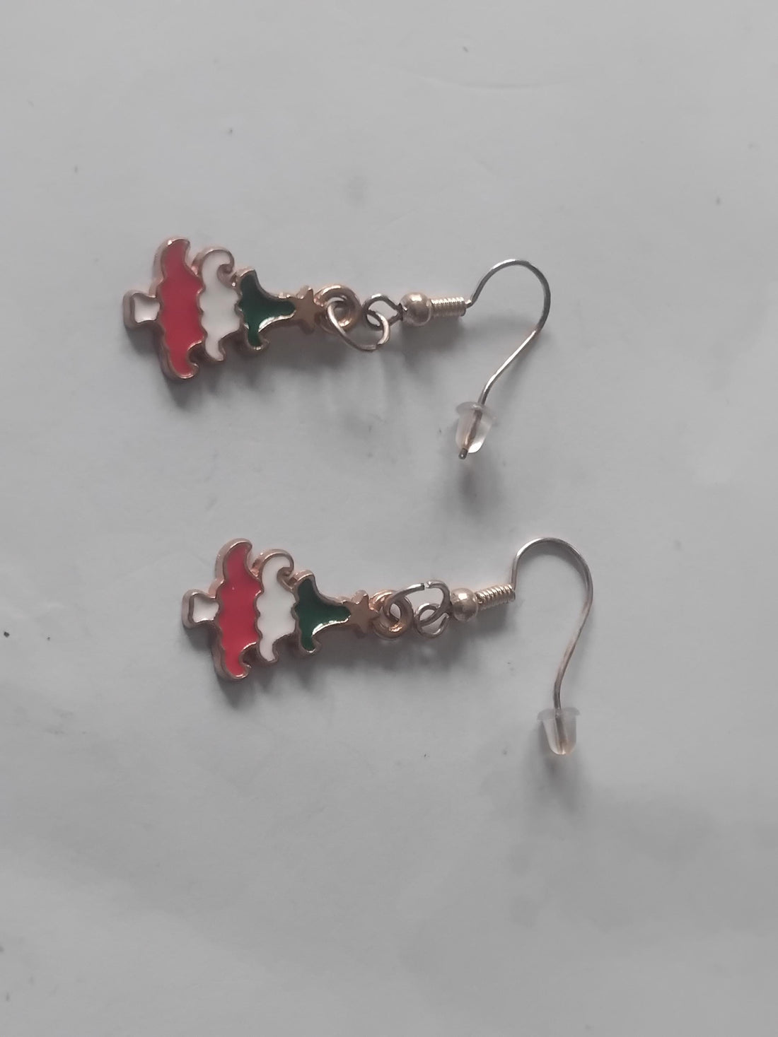 Enamel Christmas Tree Dangle Earrings, Shiny Brass French Hooks