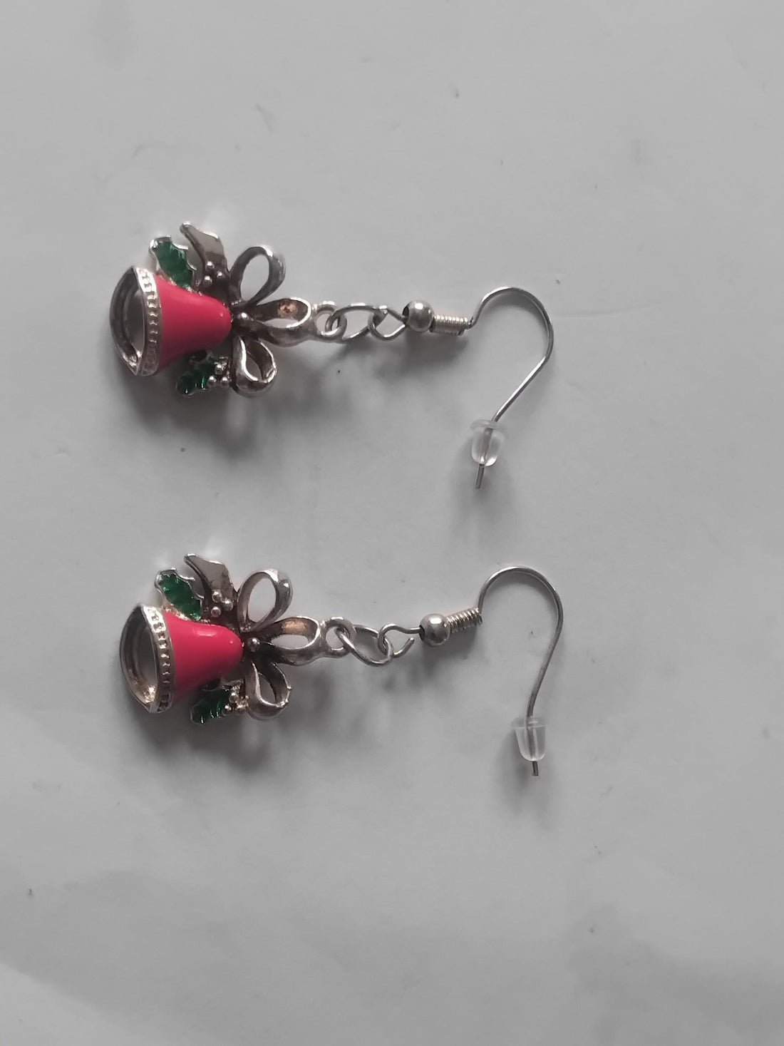 Silver Bell Christmas Earrings, Red and Green Enamel