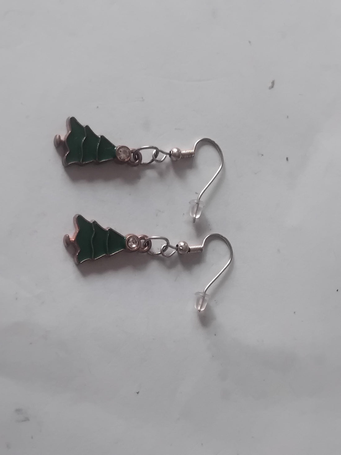 Enamel Christmas Tree Dangle Earrings, Shiny Brass French Hooks