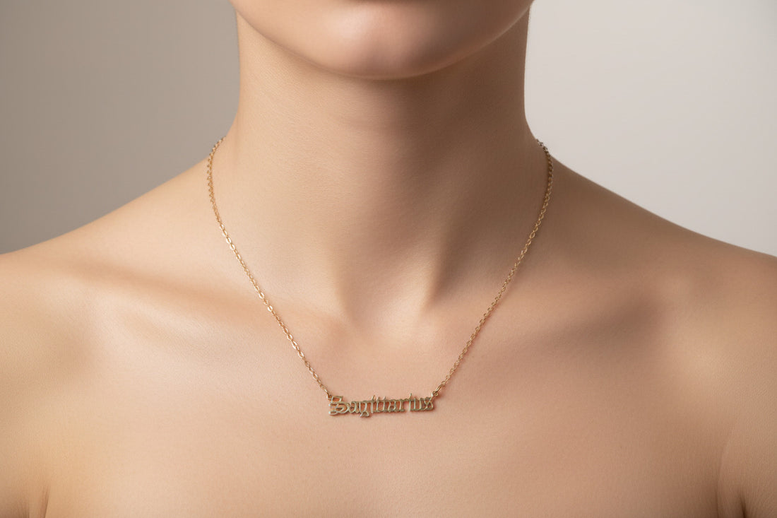 Gold Sagittarius Necklace, Old English Nameplate, Zodiac Jewelry