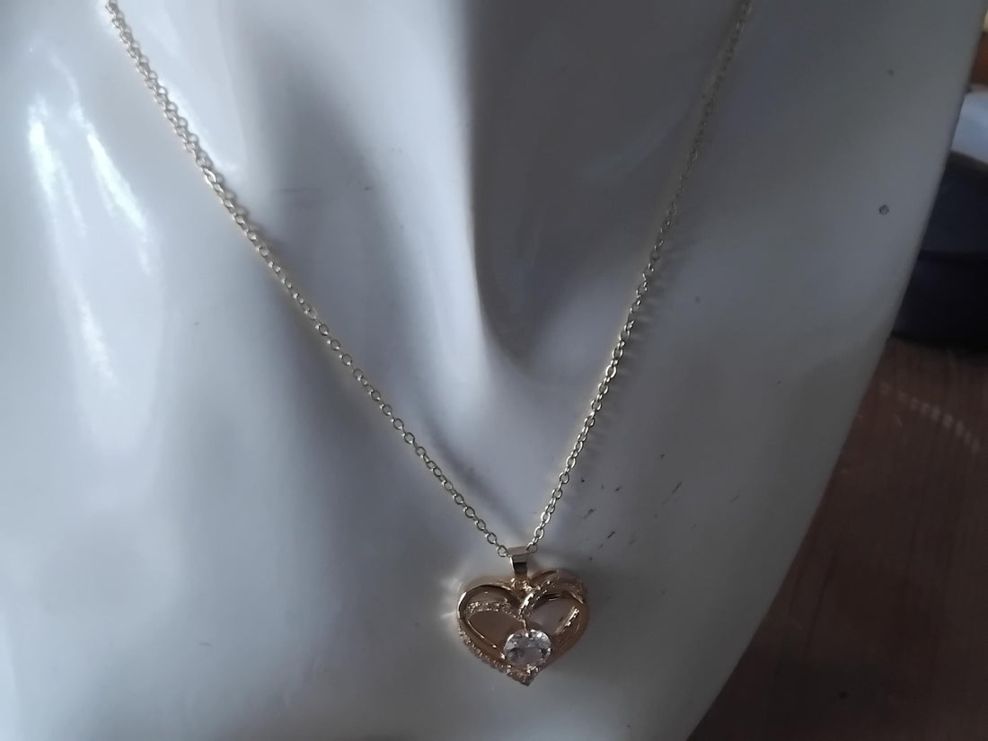 Gold Plated Heart Pendant Necklace, Cubic Zirconia Diamond, Crystal