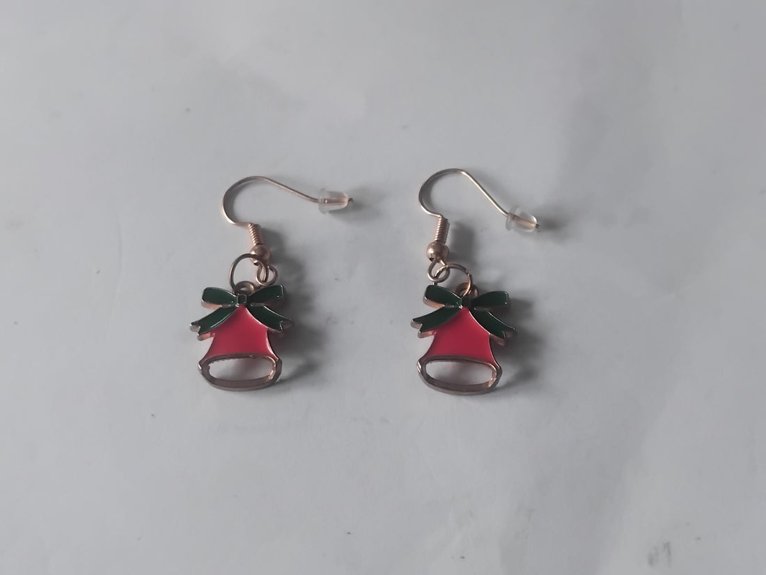 Silver Bell Christmas Earrings, Red and Green Holiday Jewelry