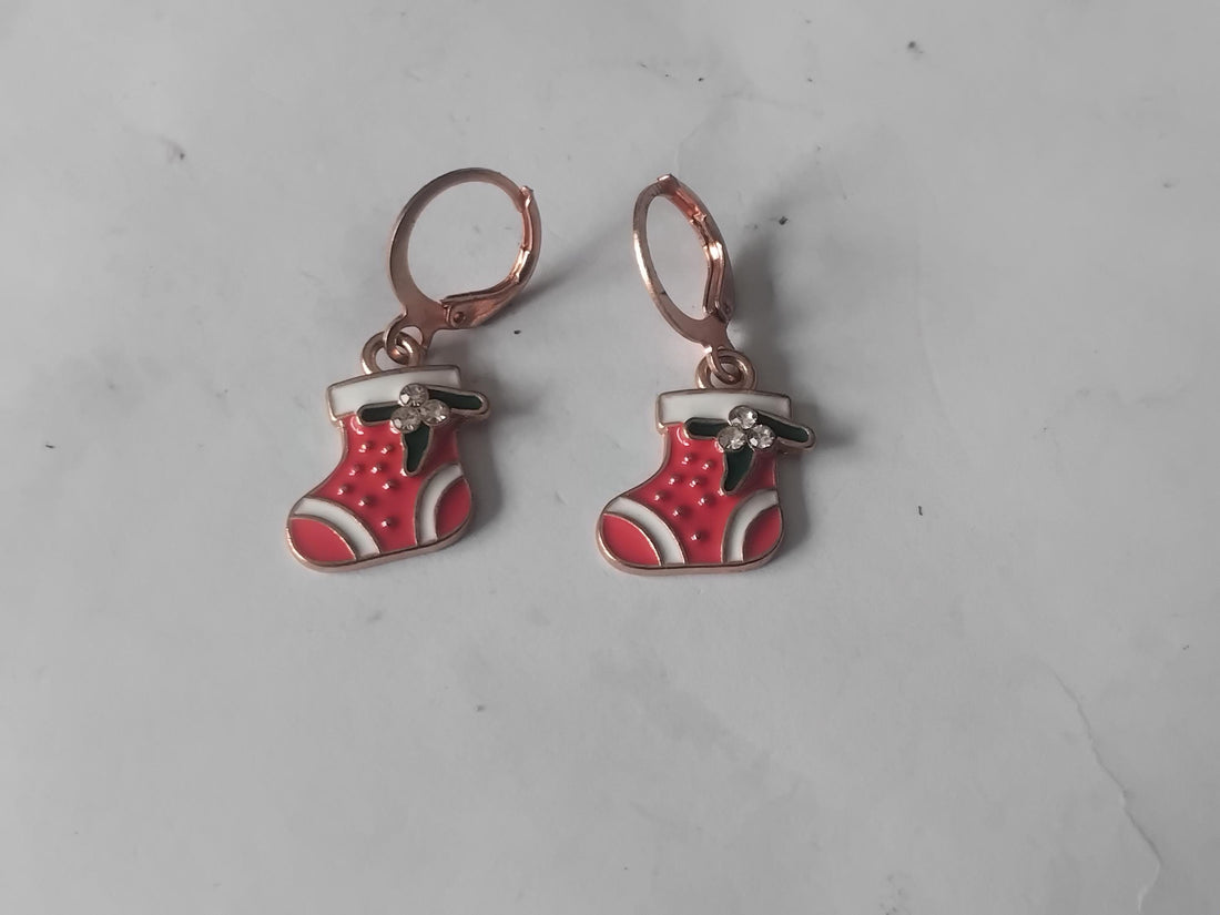 Christmas Stocking Dangle Earrings, Red White Green Resin, Gold Tone