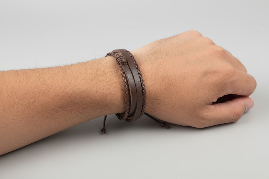 Brown Triple Wrap Leather Bracelet - Unisex Adjustable Design