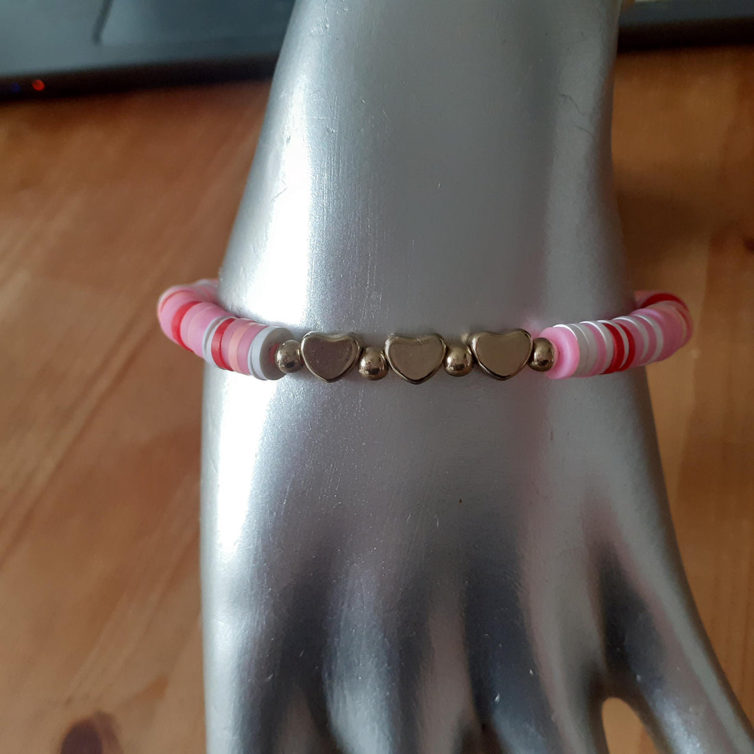 Pink Clay Bead Bracelet | Gold Heart Charm Bracelet