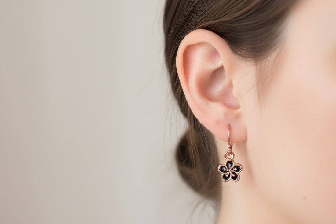 Black Onyx Solid Gold Clover Earrings, Dainty Heart Design