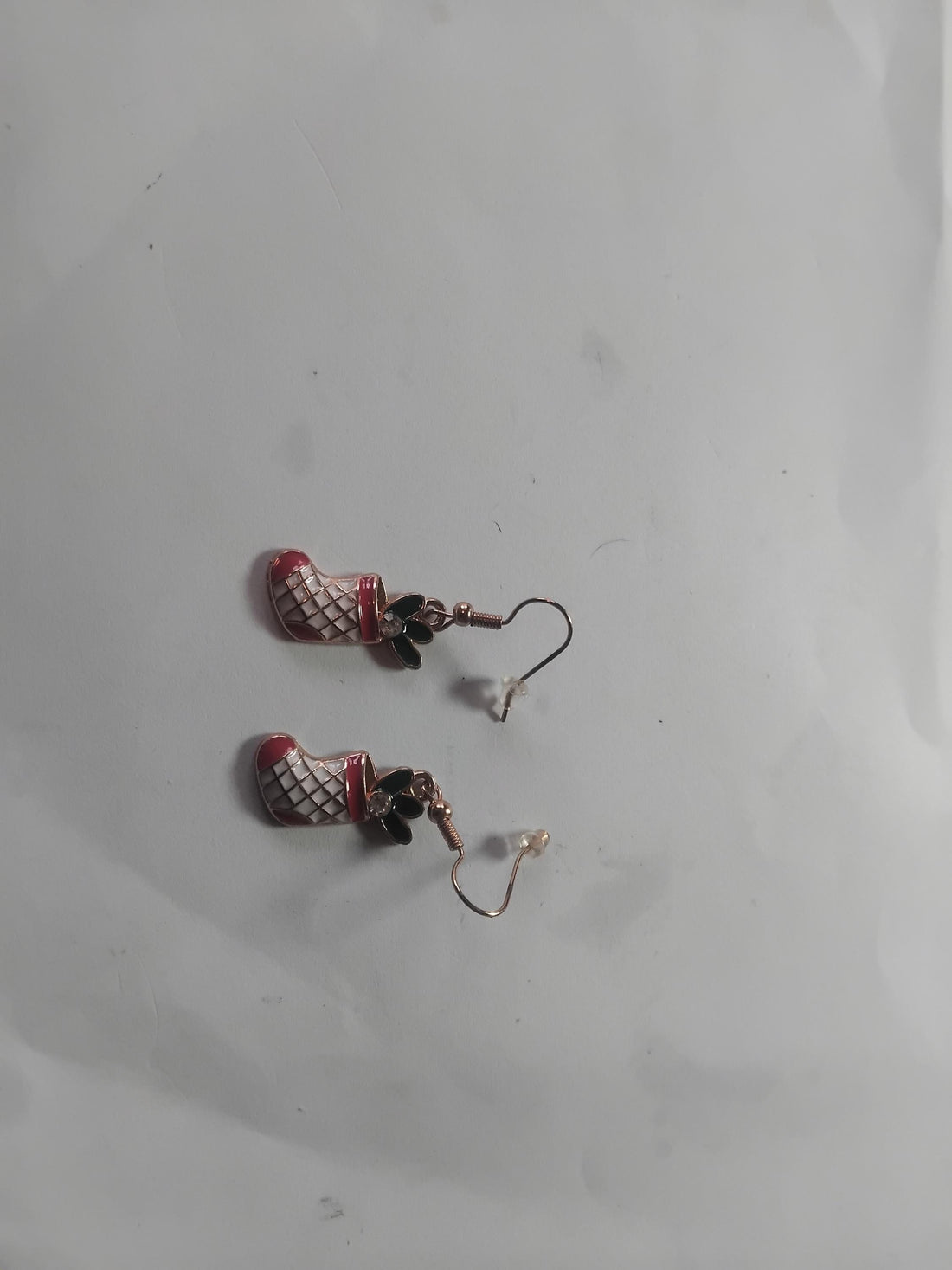 Christmas Stocking Dangle Earrings, Red White Green Resin, Gold Tone