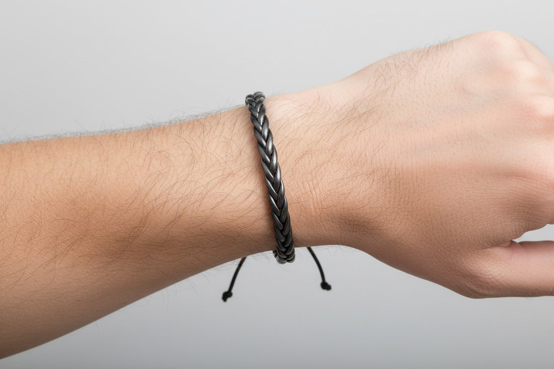 Black Braided Faux Leather Bracelet - Boho Hippie Style Adjustable Jewelry