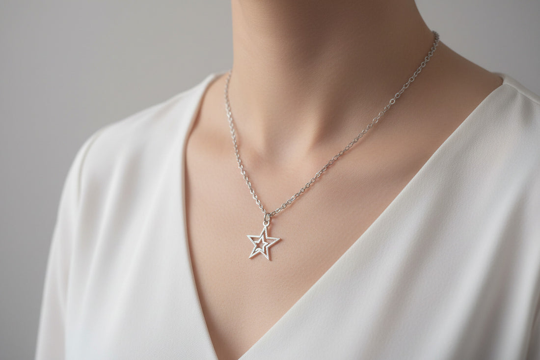 Antique Silver Finish Double Star Pendant Necklace