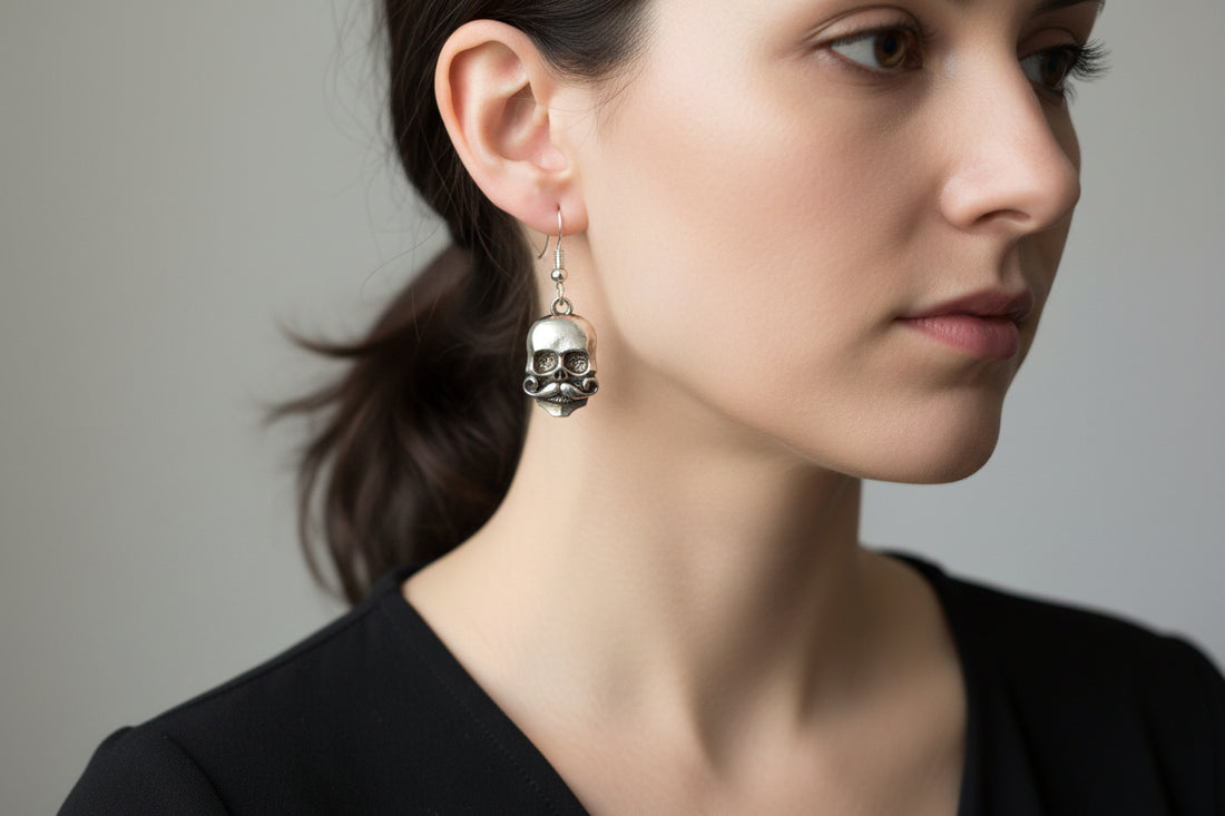Silver Skull Dangle Earrings, Rocker Goth Punk, Moustache Skeleton