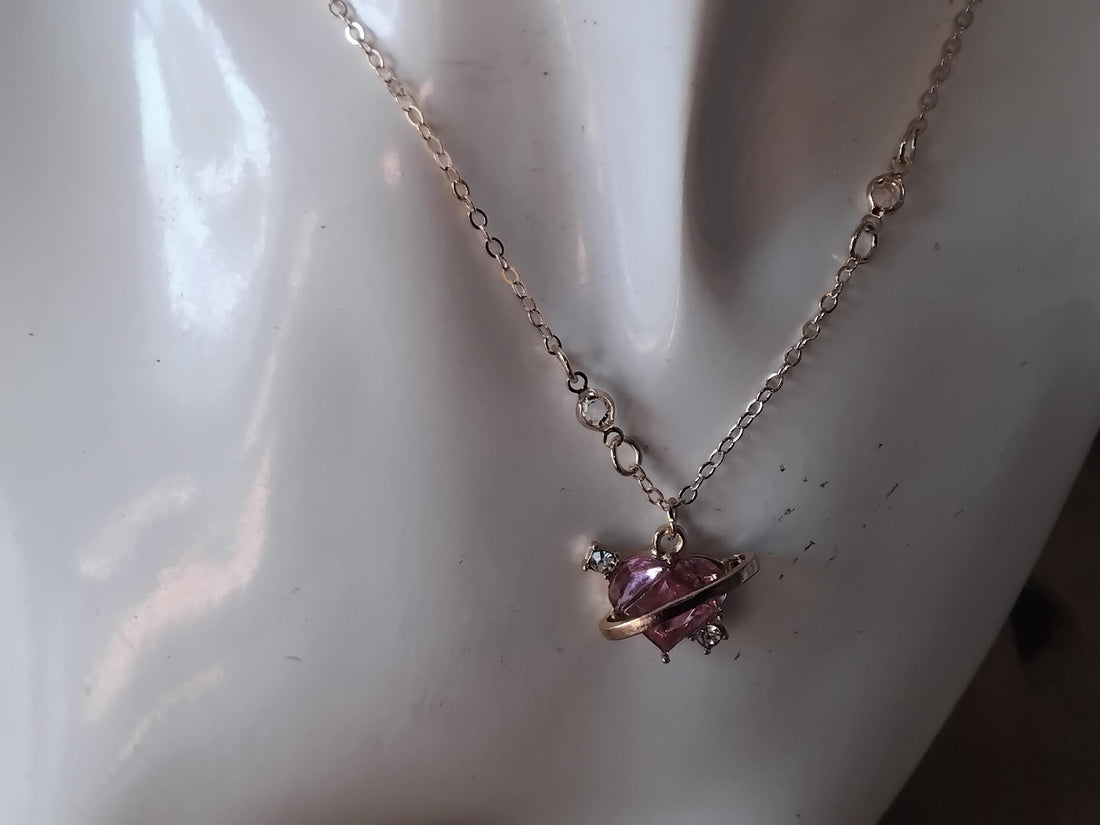 Pink Heart Pendant Necklace with Orbit Ring | Romantic Jewelry