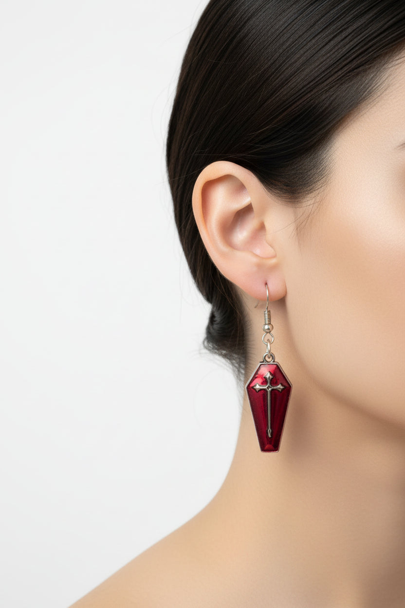 Red Coffin Gold Colored Fish Hook Stud Earrings