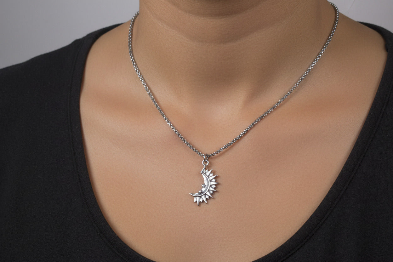 Silver Sun and Moon Pendant Necklace, Celestial Talisman