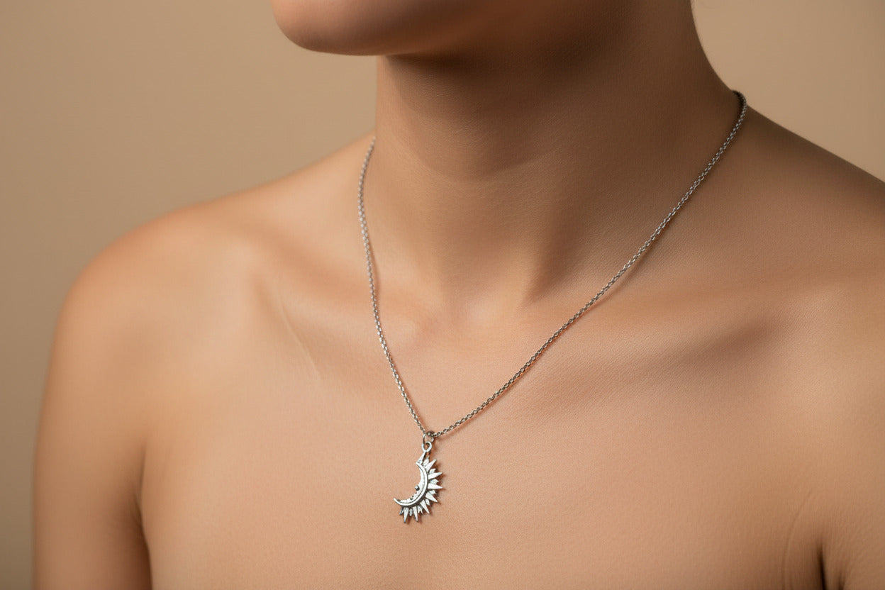 Silver Sun and Moon Pendant Necklace, Celestial Talisman