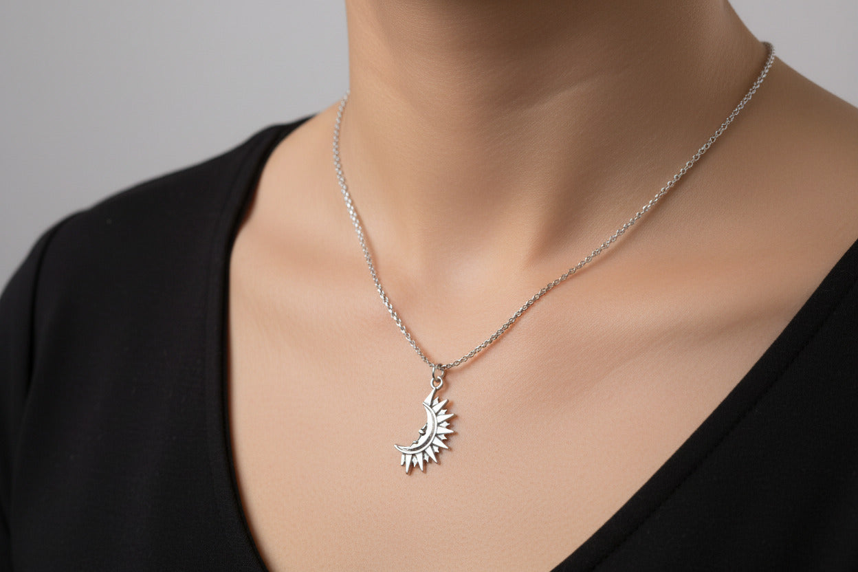 Silver Sun and Moon Pendant Necklace, Celestial Talisman