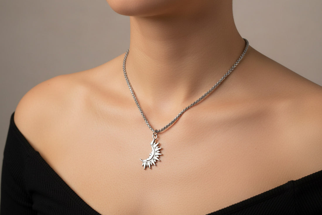 Silver Sun and Moon Pendant Necklace, Celestial Talisman