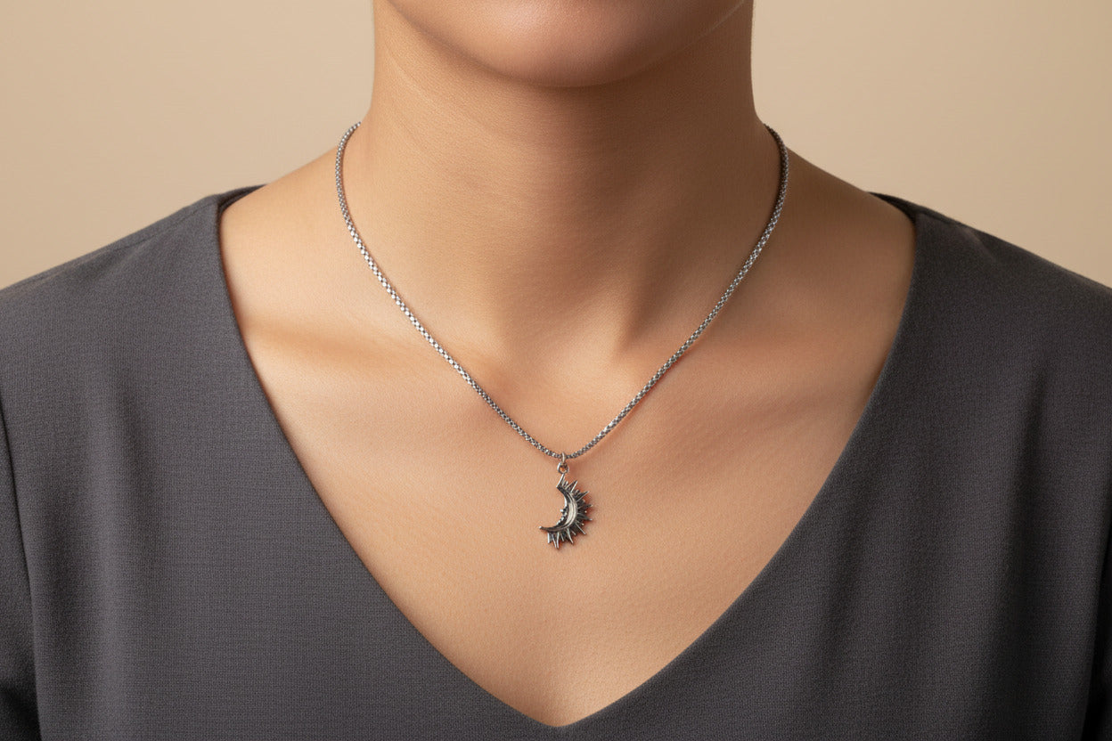 Silver Sun and Moon Pendant Necklace, Celestial Talisman