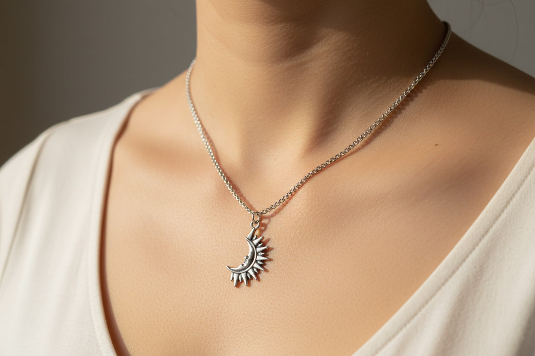 Silver Sun and Moon Pendant Necklace, Celestial Talisman