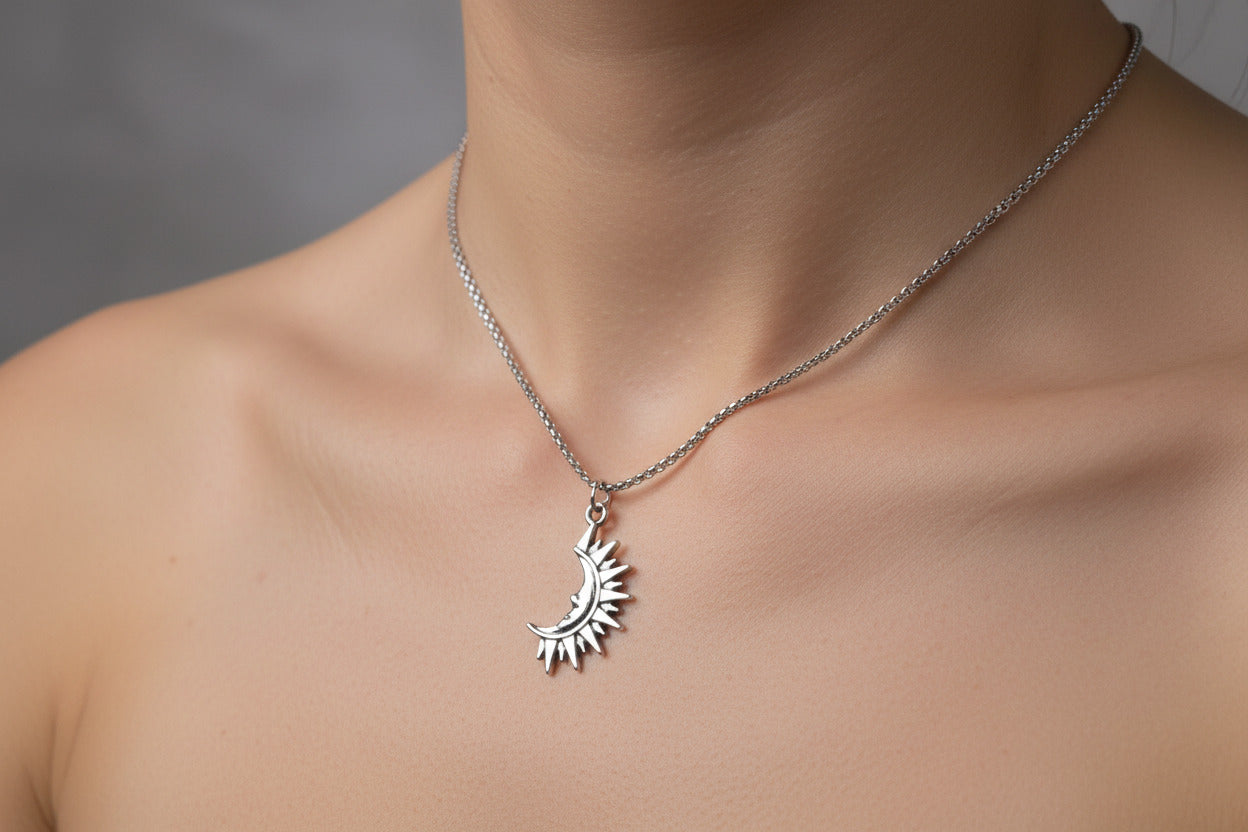 Silver Sun and Moon Pendant Necklace, Celestial Talisman