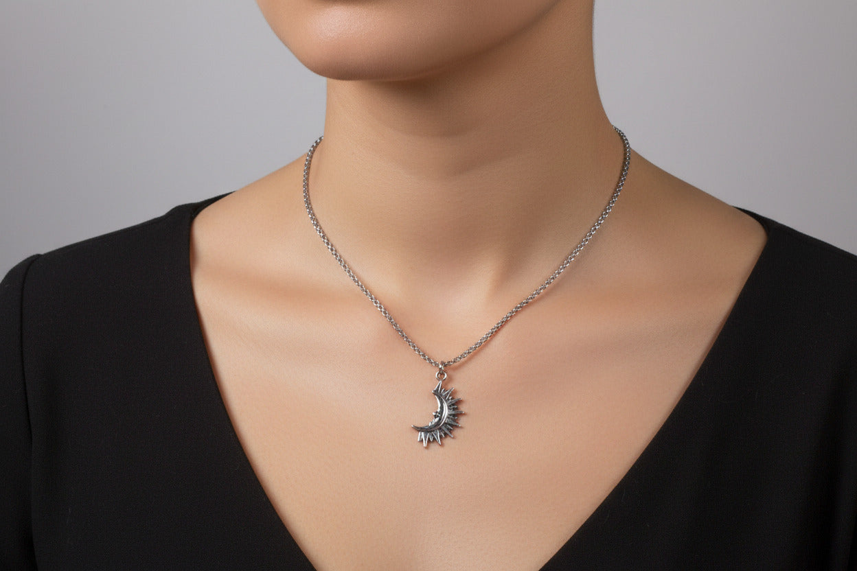 Silver Sun and Moon Pendant Necklace, Celestial Talisman
