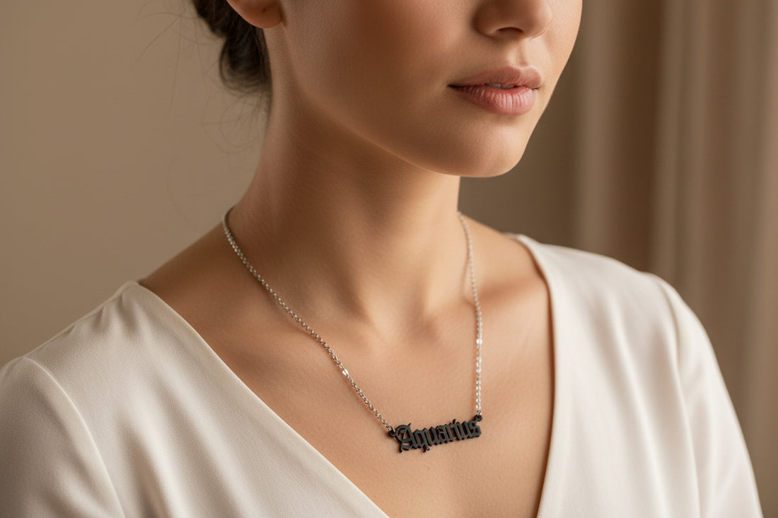 Aquarius Necklace • Old English Zodiac Horoscope Pendant