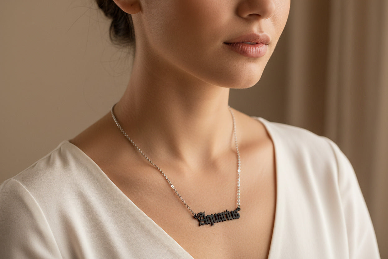 Aquarius Necklace • Old English Zodiac Horoscope Pendant