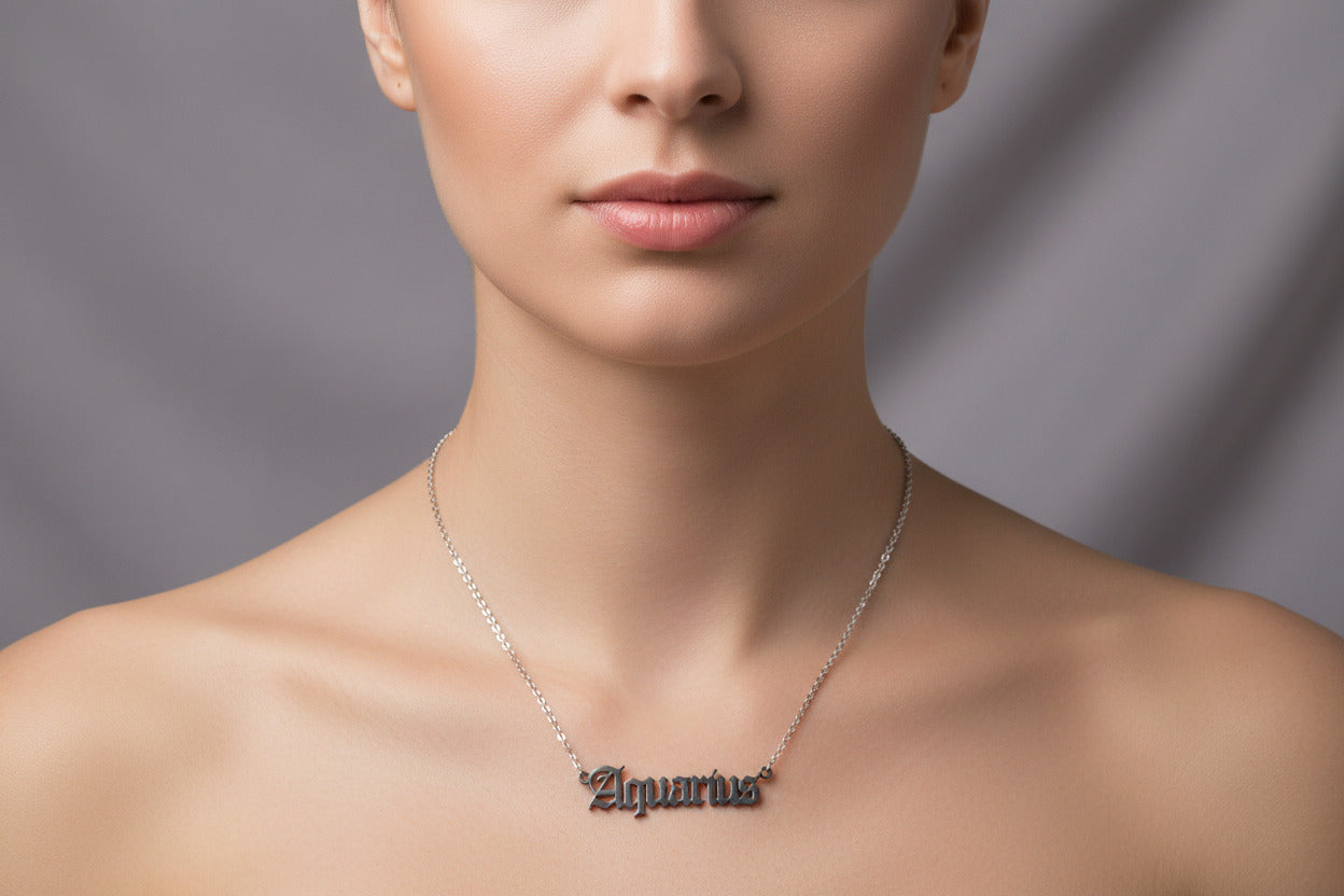 Aquarius Necklace • Old English Zodiac Horoscope Pendant